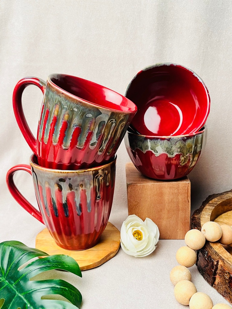 [7529540616280] Elegant Red Mugs and Bowls Combo