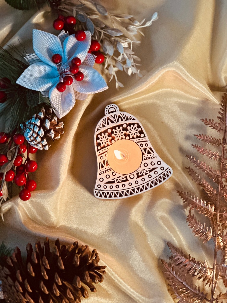 [8545500332120] Christmas Bell Wooden Candle Holder with Candle