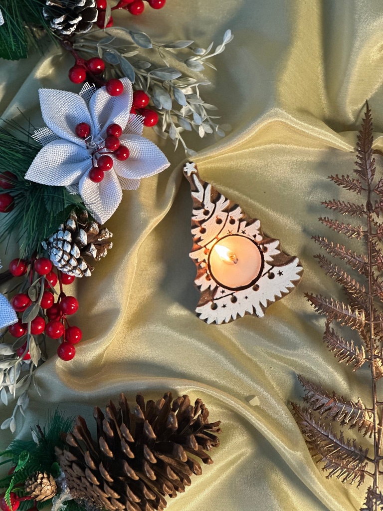[8545500594264] Christmas Snowy Tree Wooden Candle Holder with Candle