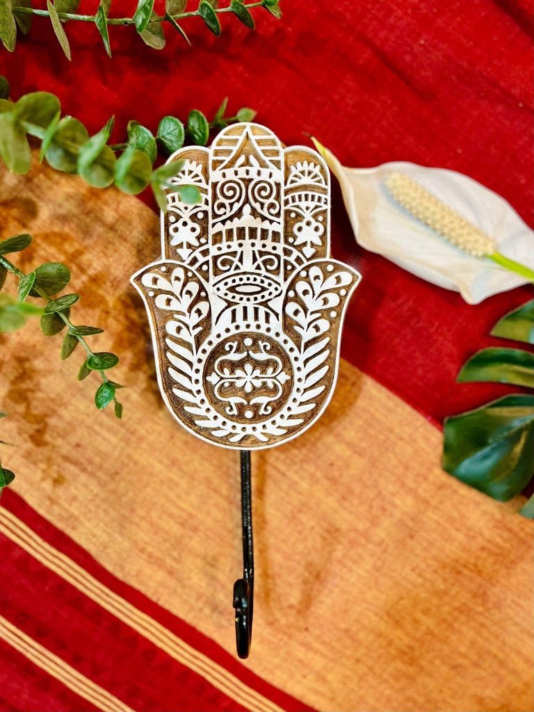 [8083272073304] Hamsa Hand Carved Wall-mounted Hook 4” Motif