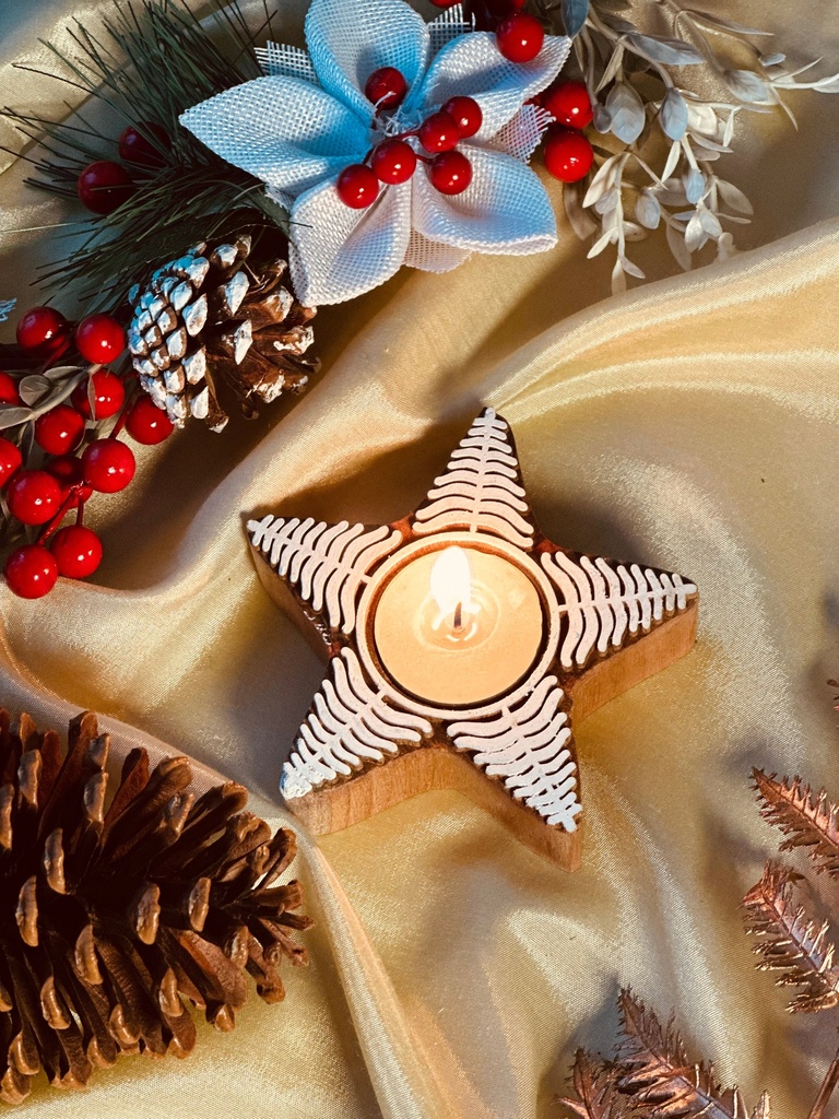 [8545499119704] Christmas Star Wooden Candle Holder with Candle