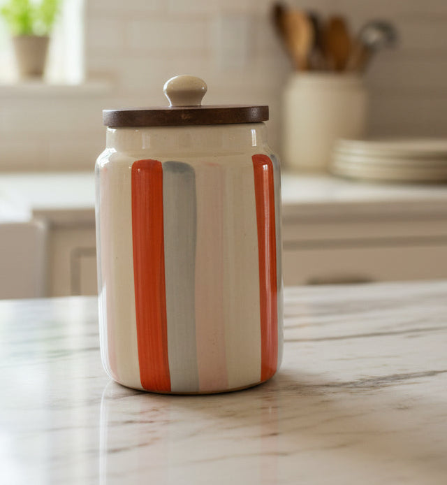 [8638349672536] Hues of Orange Handpainted Ceramic Canister | Artisan Kitchen Storage Jar