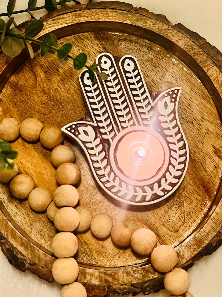 Wooden Hand-Carved Tealight Candle Holders : The Hamsa Hand (Carved)