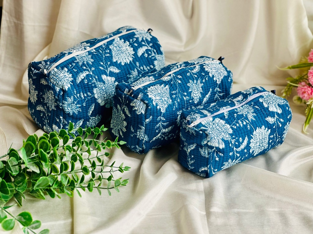 Handblock Printed Cotton Nested Utility Pouches (Set of 3) – Waterproof & Multi-Purpose (Handblock, Blue)