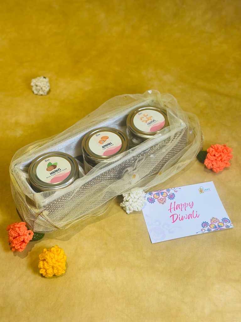 Jute & MDF Basket with Three Dry Fruit Jars (Jute)