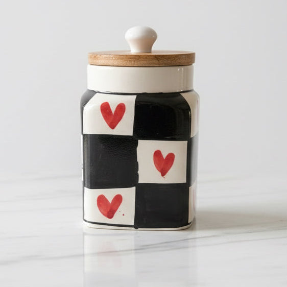Handpainted Ceramic Canister with Airtight Wooden Lid | Kitchen Storage Jar (Red, Wooden)