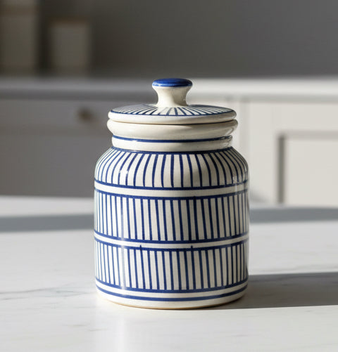 Minimal Blue Line Handpainted Ceramic Canister | Modern Kitchen Storage (Minimal)