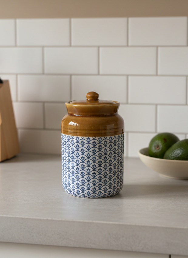 Blue Traditional Handpainted Ceramic Barni | Indian Kitchen Storage Canister (Handpainted)