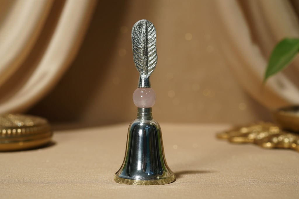German Silver Bell with Pink Resin Bead- Perfect Pooja Gift (Pink, Resin)