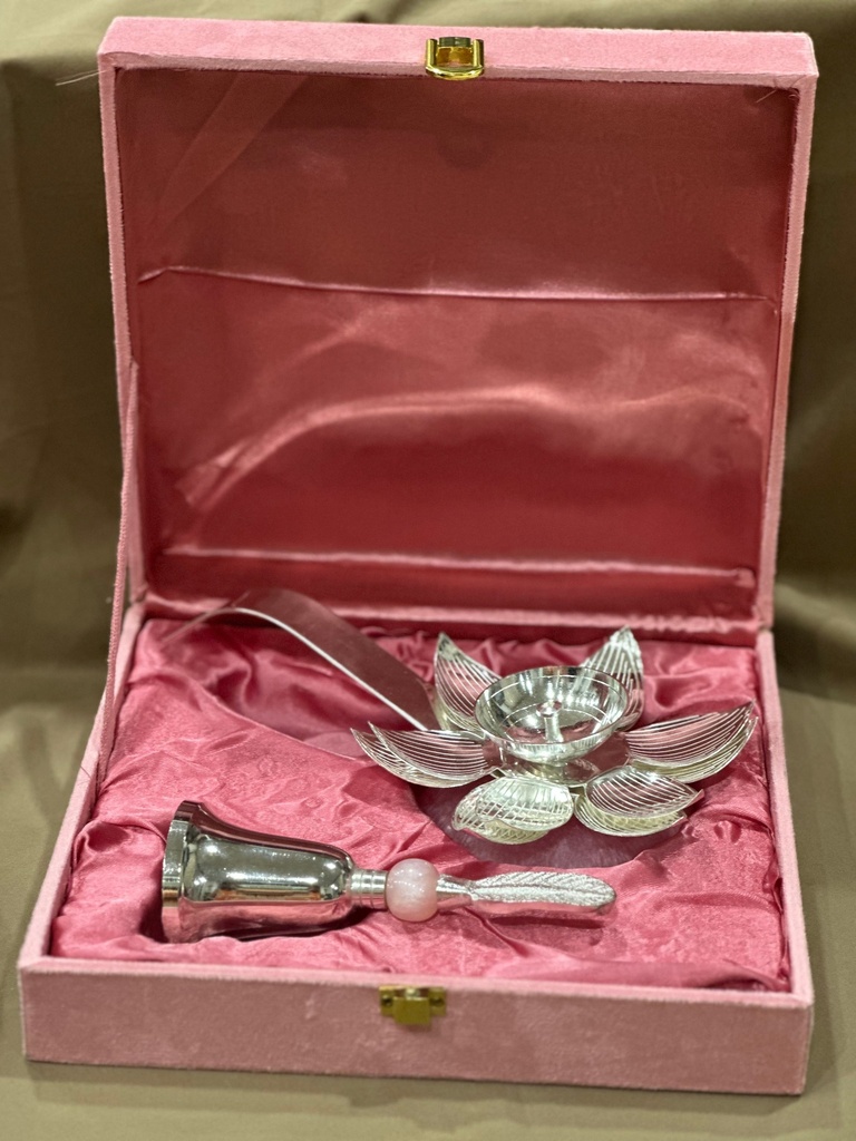 German Silver Resin Lotus Diya with Bell – Premium Puja Gift Set (Resin)