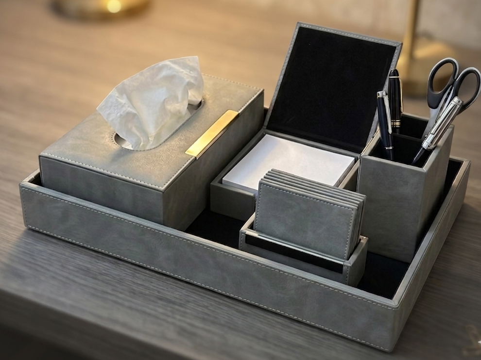 Executive Vegan Leather Desktop Organizer Set – 6-Piece Modular Stationery Suite (Slate Grey) (Leather)